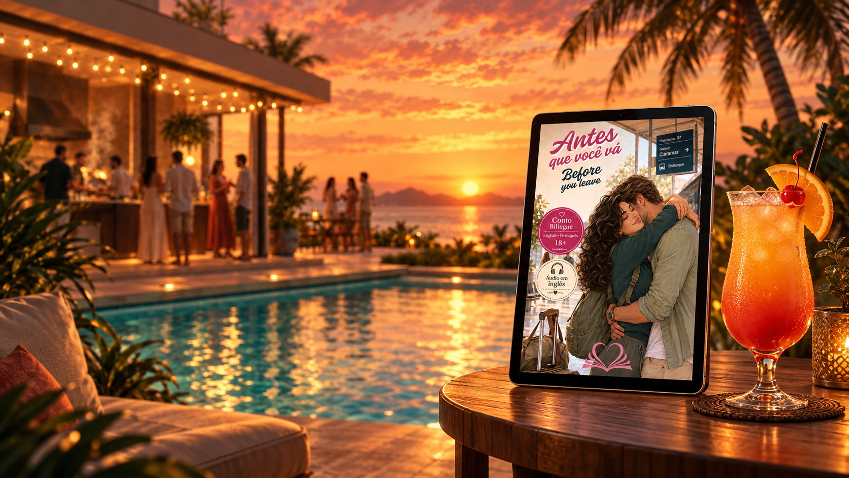 Tablet com a capa de Antes que você vá ao lado de um drink, diante de uma piscina ao pôr do sol